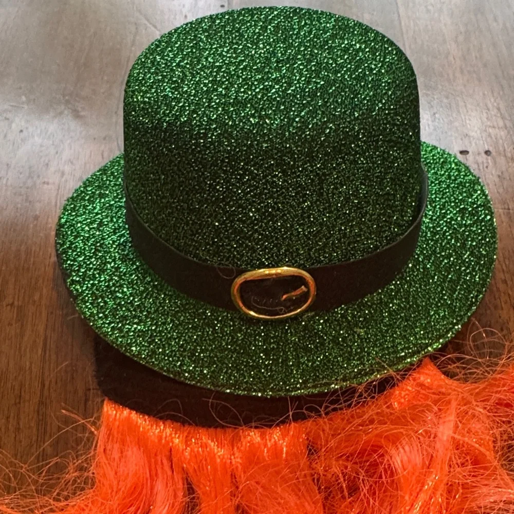 St Patrick  Leprechaun Green Glitter Dog Hat with Orange Beard
